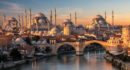 Panorama of Sultanahmet Bridge and Blue Mosque in Istanbul, Turkeyの写真素材