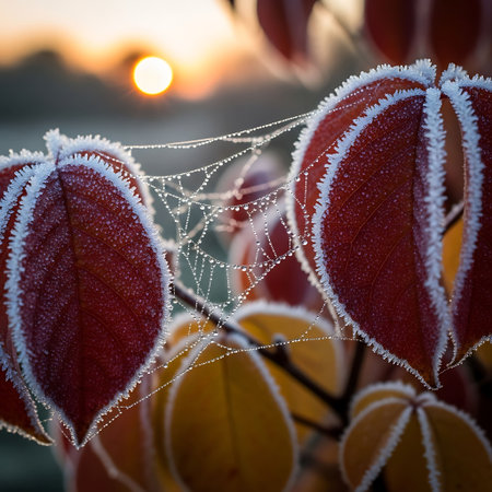 Autumn leaves covered with hoarfrost and dew in the morning sunの写真素材