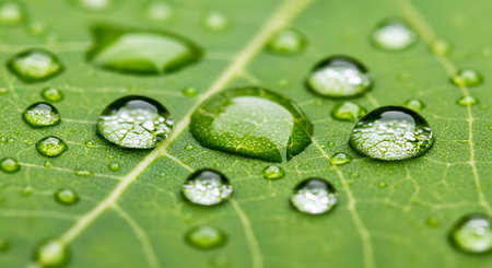 Water drops on green leaf macro close up. Natural background for your design