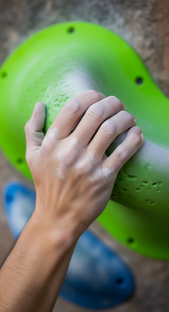 Close up of woman hand holding a climbing wall in an outdoor gymの写真素材