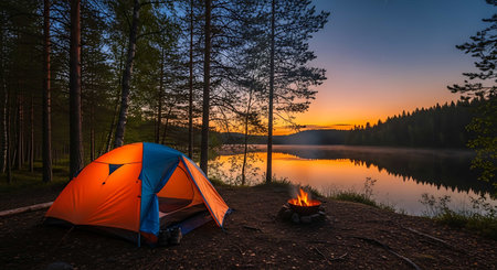 Camping tent on the shore of a lake at sunset in the forestの写真素材