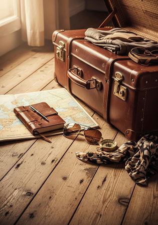 Vintage suitcase, compass, map, glasses and scarf on wooden floor