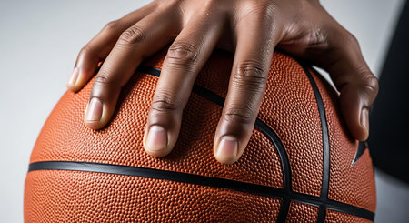 Close up of african american woman hand holding basketball ball on grey backgroundの写真素材