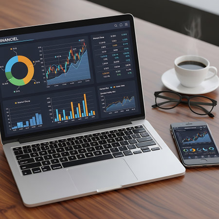 Laptop with financial charts and graphs on screen. 3d rendering.