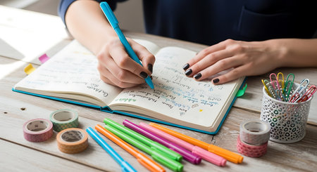 cropped shot of woman writing in notebook at table with stationery