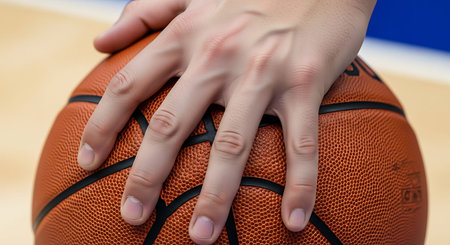 Basketball ball in the hands of a player. Close-upの写真素材