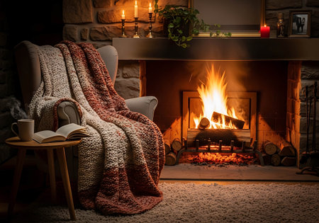 Cozy living room with fireplace and armchair. Winter evening at home.の写真素材