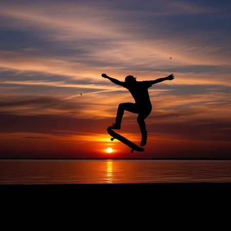 Silhouette of a skateboarder jumping on the beach at sunsetの写真素材