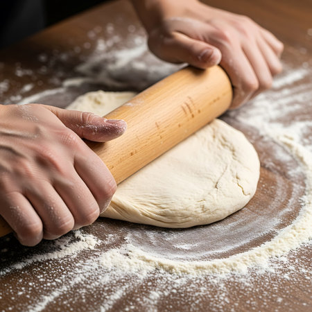 Female hands kneading dough with rolling pin on wooden board.