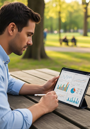businessman using digital tablet with charts and graphs on screen in parkの写真素材