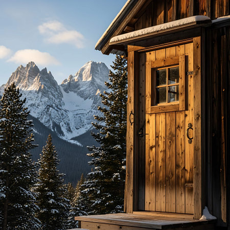 Wooden door in the mountains in winter, Italyの写真素材