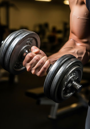 Muscular man lifting dumbbells in gym. Close-up of male hand lifting weightsの写真素材
