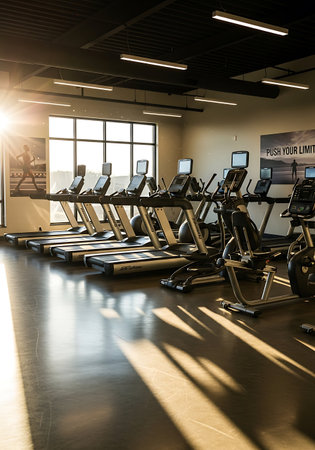 Interior of a modern fitness hall with exercise machines and sun flare