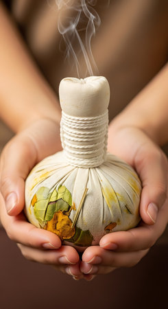 Herbal compress ball in the hands of a woman, close-upの写真素材
