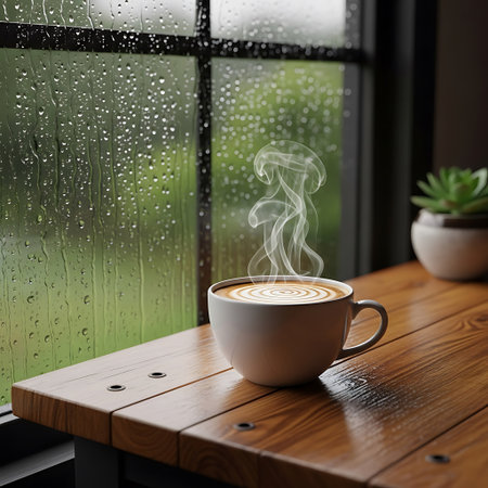 Coffee cup on wooden table in front of window with rain dropsの写真素材