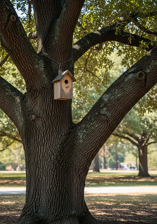 Wooden birdhouse hanging on a tree in a park in spring