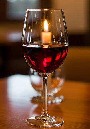 Wineglass with red wine and burning candle on table in restaurant