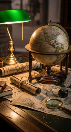 Old map, magnifying glass, globe and compass on wooden tableの写真素材