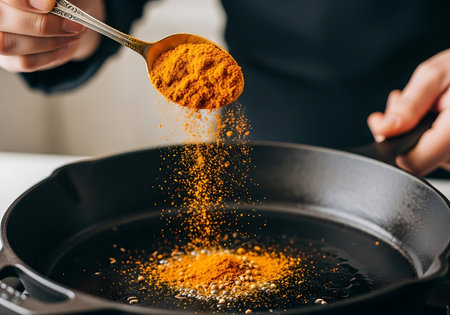 cropped shot of woman sprinkling turmeric powder in frying pan