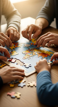 Group of people sitting at table and assembling jigsaw puzzle, closeupの写真素材