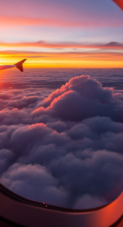 View from the window of an airplane flying above the clouds at sunset