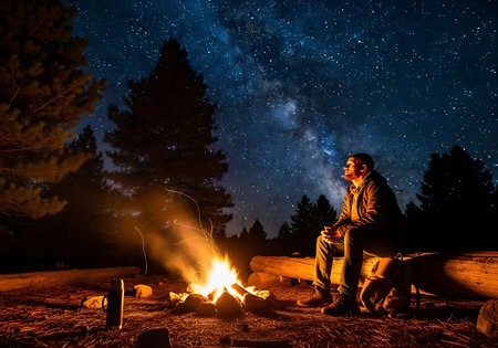 Man sitting near campfire and looking at night sky full of stars