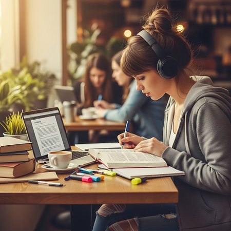 Young female student in headphones writing in notebook while studying in cafe, copy spaceの写真素材