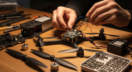 Repair and maintenance of a quadcopter drone with a screwdriver.の写真素材