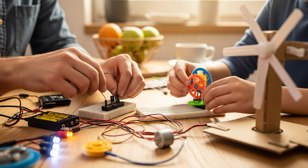 Close-up of father and son building wind turbine at home.
