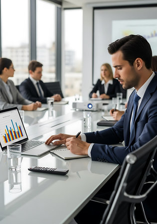 selective focus of businessman using laptop and digital tablet in conference roomの写真素材