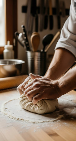 cropped shot of man kneading dough on table in kitchenの写真素材
