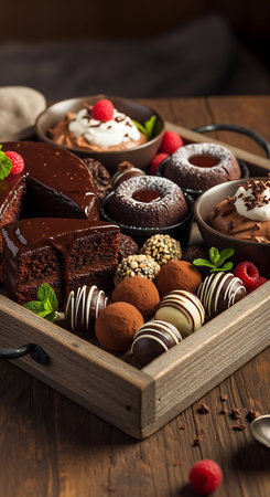Chocolate cake with berries and chocolate candies in a wooden box