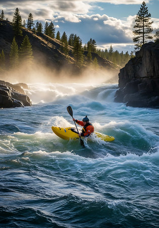 Kayaking on the river in the Rocky Mountains of Canada. The concept of active, extreme and photo tourismの写真素材