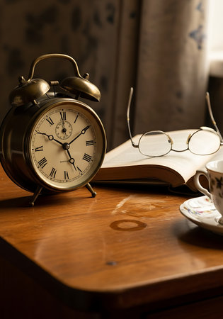Retro alarm clock, coffee cup and book on a wooden tableの写真素材