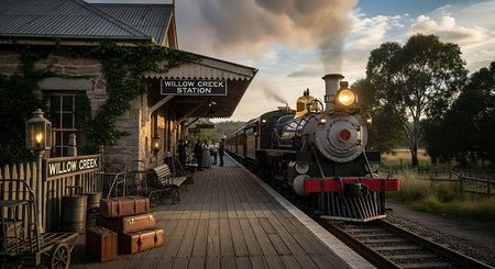 Old steam locomotive at the railway station in the evening light.の写真素材