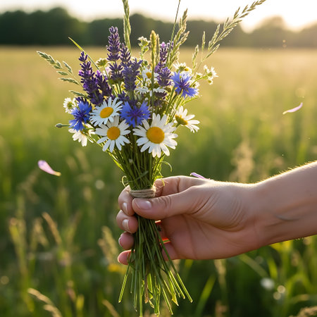 Bouquet of wildflowers in a woman's hand on a background of green grass.の写真素材