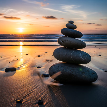 Stacked zen stones on the beach at sunset. Zen conceptの写真素材