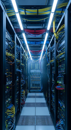 Server room data center with racks and rows of server equipment. 3d render