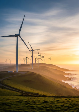Beautiful landscape image of a windmill farm at sunrise in South Walesの写真素材