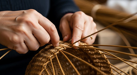 Close-up of female hands weaving a wicker basket on a wooden table