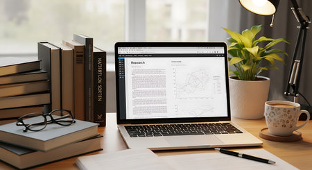 Digital composite of Laptop on desk with books and eyeglasses