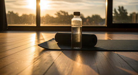Bottle of water and yoga mat on wooden floor at home.の写真素材