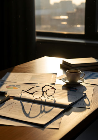 Office workplace with coffee cup and document on wooden table in morning lightの写真素材