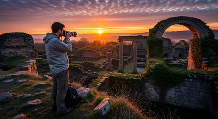 Photographer taking a photo of the ruins of an ancient building at sunset
