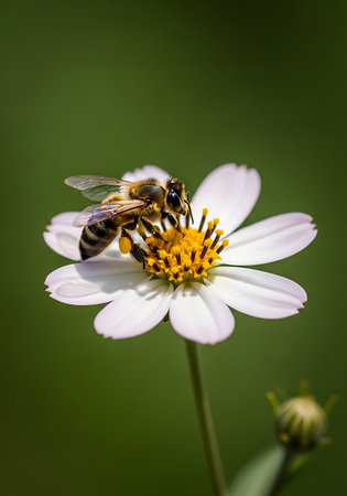 Bee collecting pollen from a white daisy flower in the garden.の写真素材
