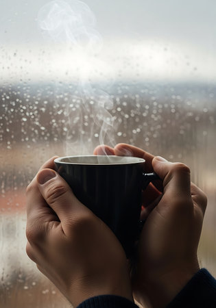 Woman's hands holding a cup of hot coffee on a rainy dayの写真素材