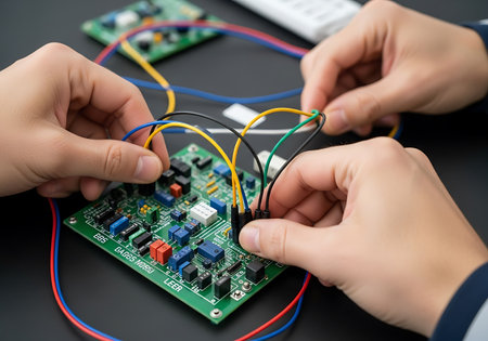 Close-up of hands of technician repairing electronic circuit boardの写真素材