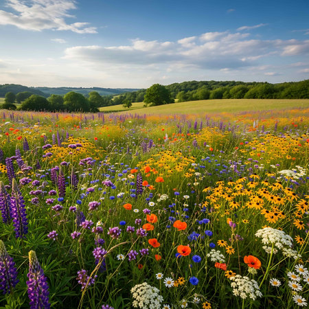 summer meadow with wildflowers and blue sky with clouds