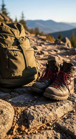 Hiking boots and backpack on a rocky trail in the mountains.の写真素材