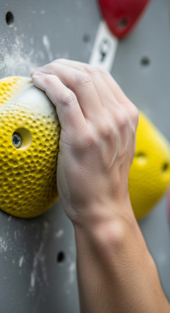 Close up of woman hand holding climbing equipment on a climbing wall.の写真素材